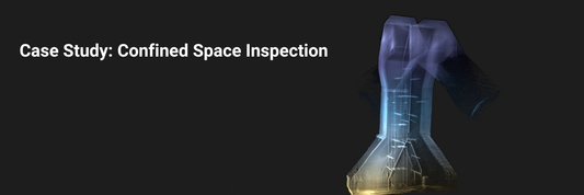 Dark background with a cool-toned LiDAR scan on the right. The title "Case Study: Confined Space Inspection" on the left.