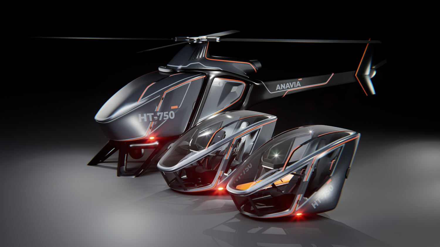 A stationary HT-750 is shown in front of a black background. Beside it are two alternate pod options: one that supports 2 passengers, and another with a stretcher inside.