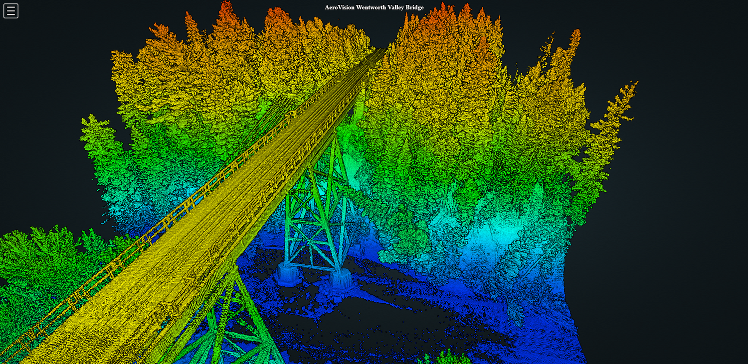 3D scan of a bridge and surrounding area with color-coded data points.