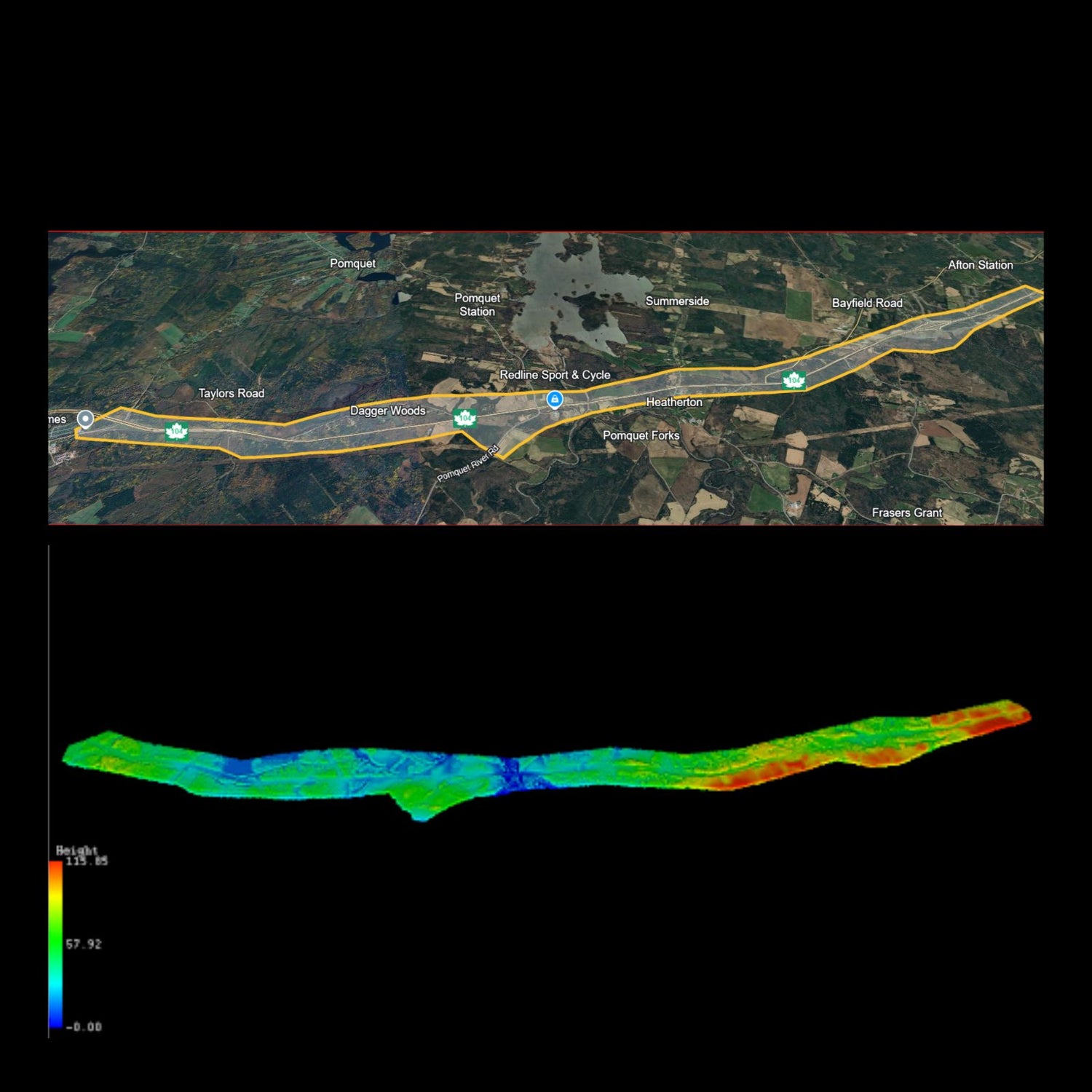 Map of a road with a topographic profile displayed below on a black background