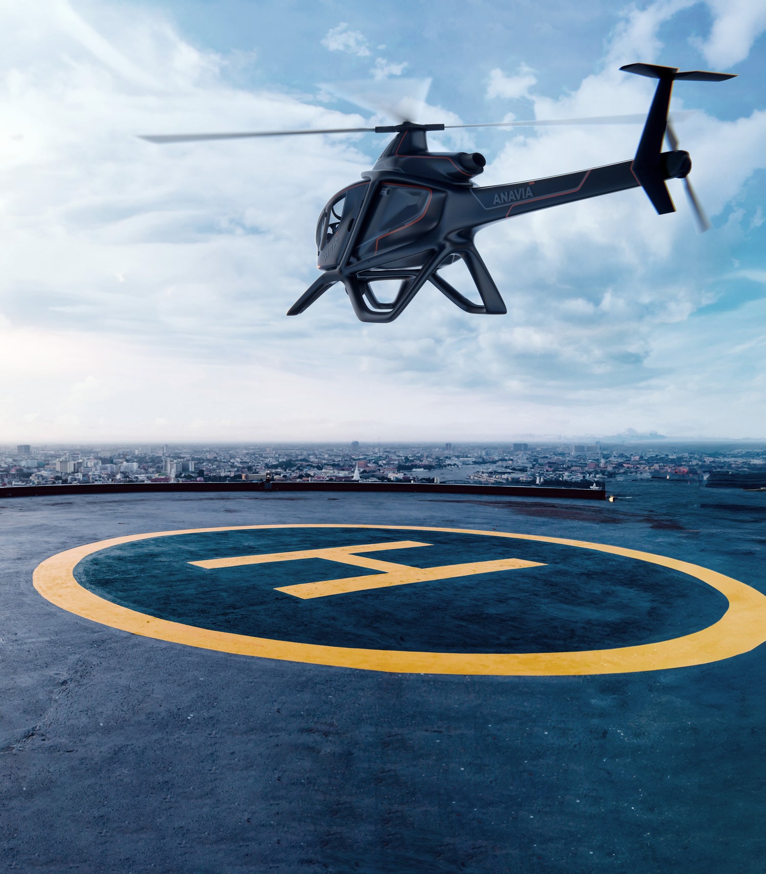 A render of the HT-750 taking of from a Helicopter landing pad, in the background a faraway city can be seen.