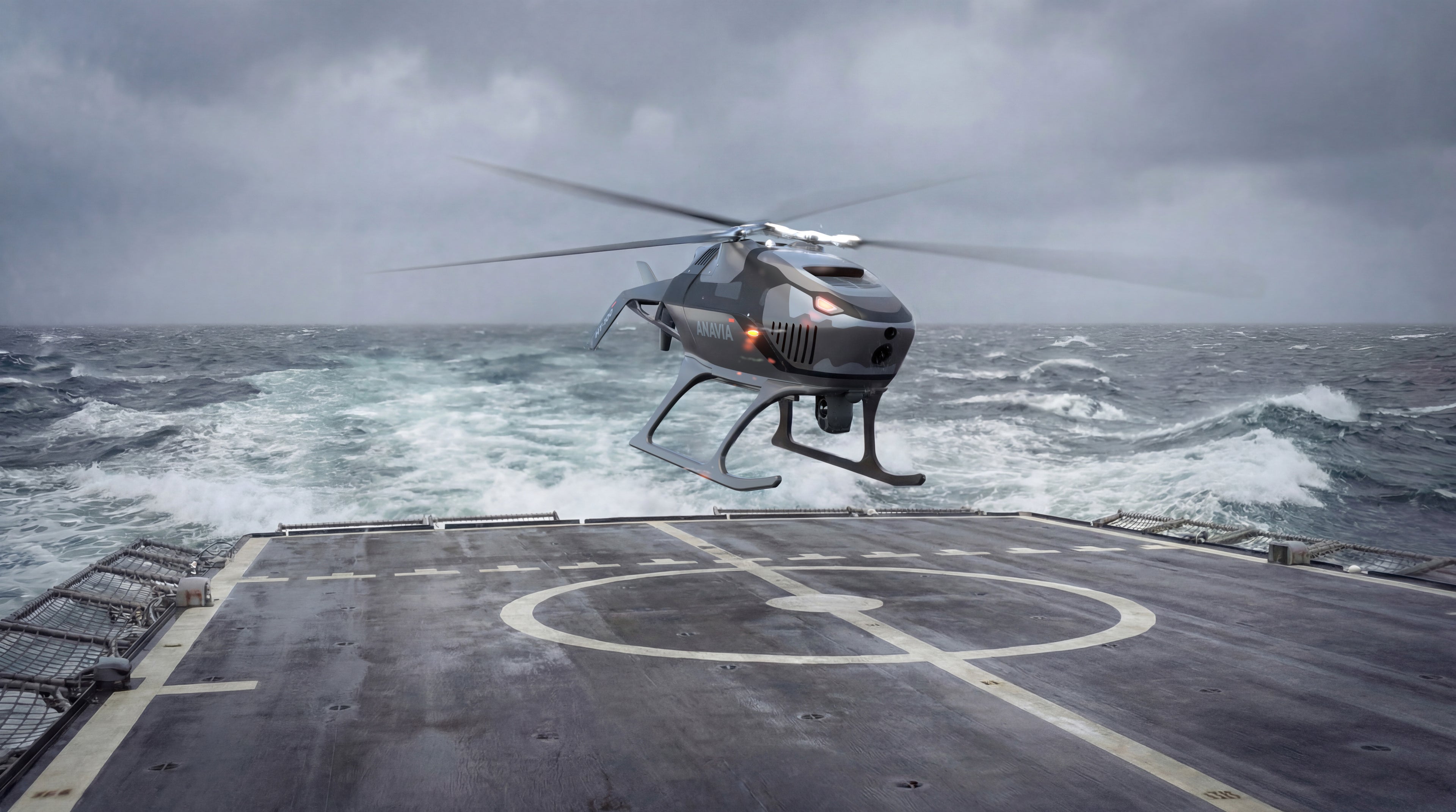 HT-100 helicopter landing on a moving boat, demonstrating the automated take off and landing function