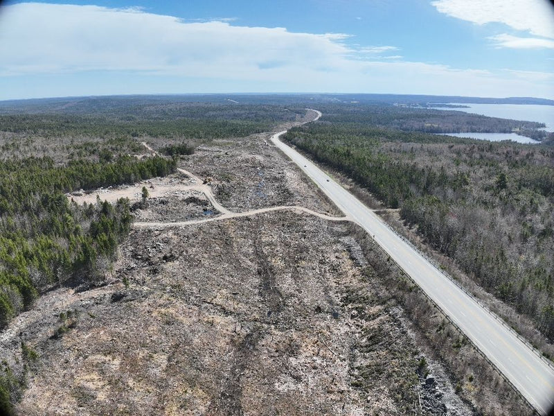 Aerial view of a road cutting through a forested area with a lake in the distance from a construction project.